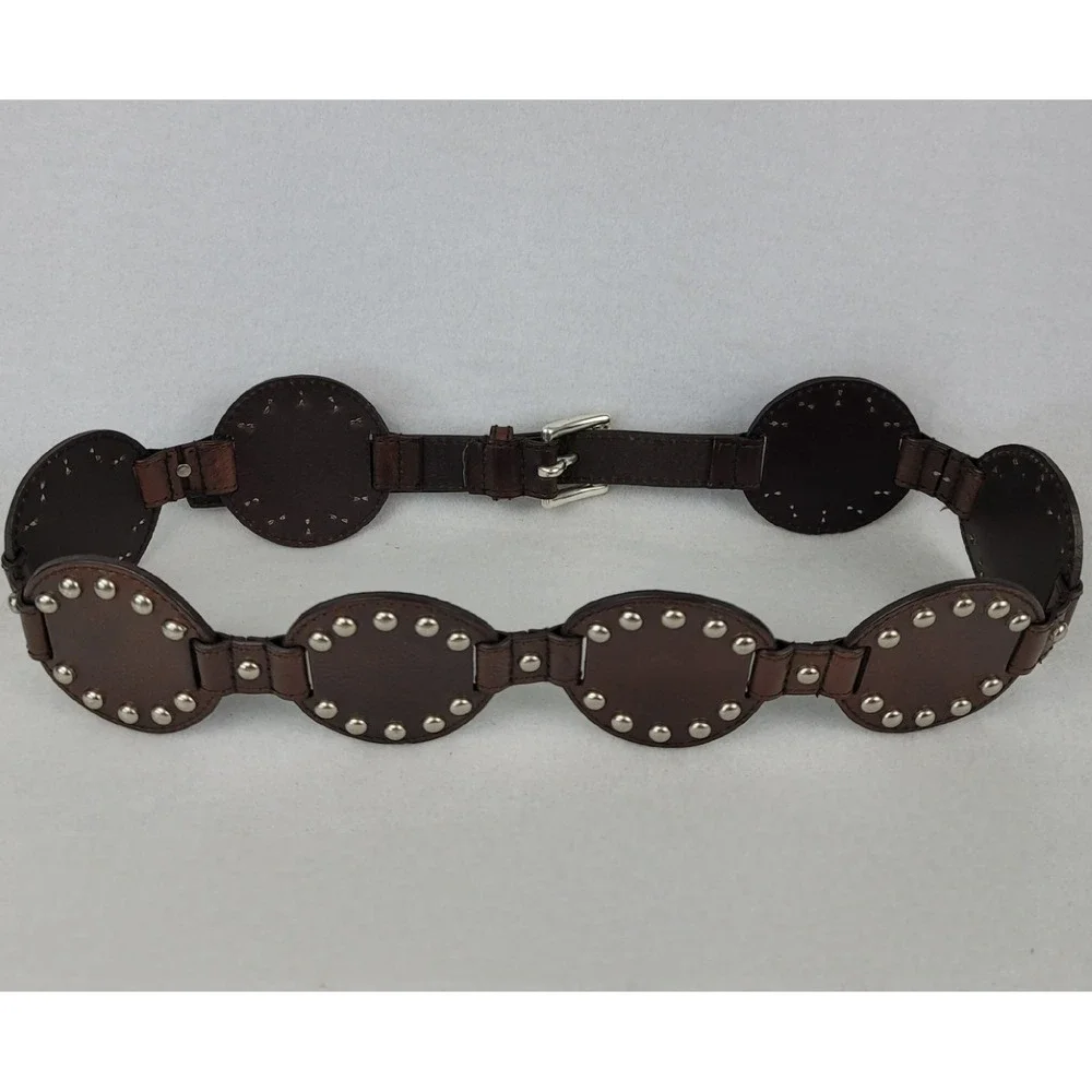Michael Kors Womens Brown Leather Studded Disc Medallion Belt Large